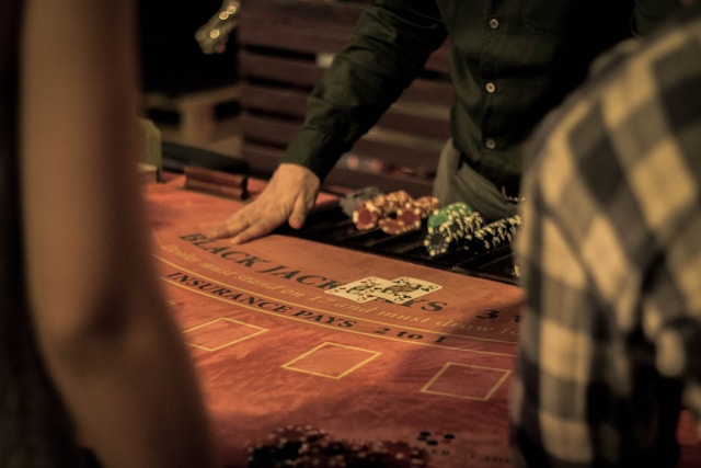 Blackjack table with chips and cards
